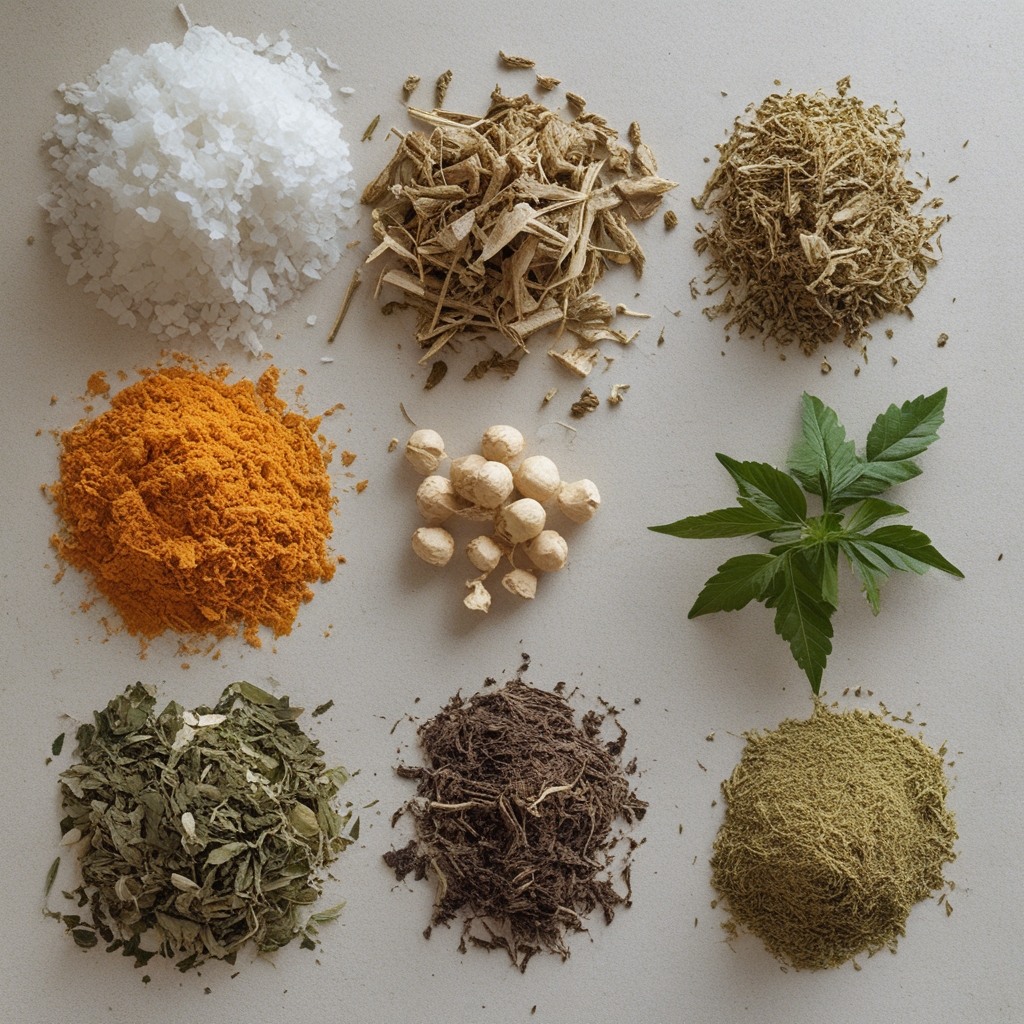 Koleksi rempah-rempah dan herbal alami pilihan termasuk akar ginseng segar, potongan kunyit kuning cerah, kayu manis, dan daun herbal hijau diletakkan di atas permukaan kayu alami