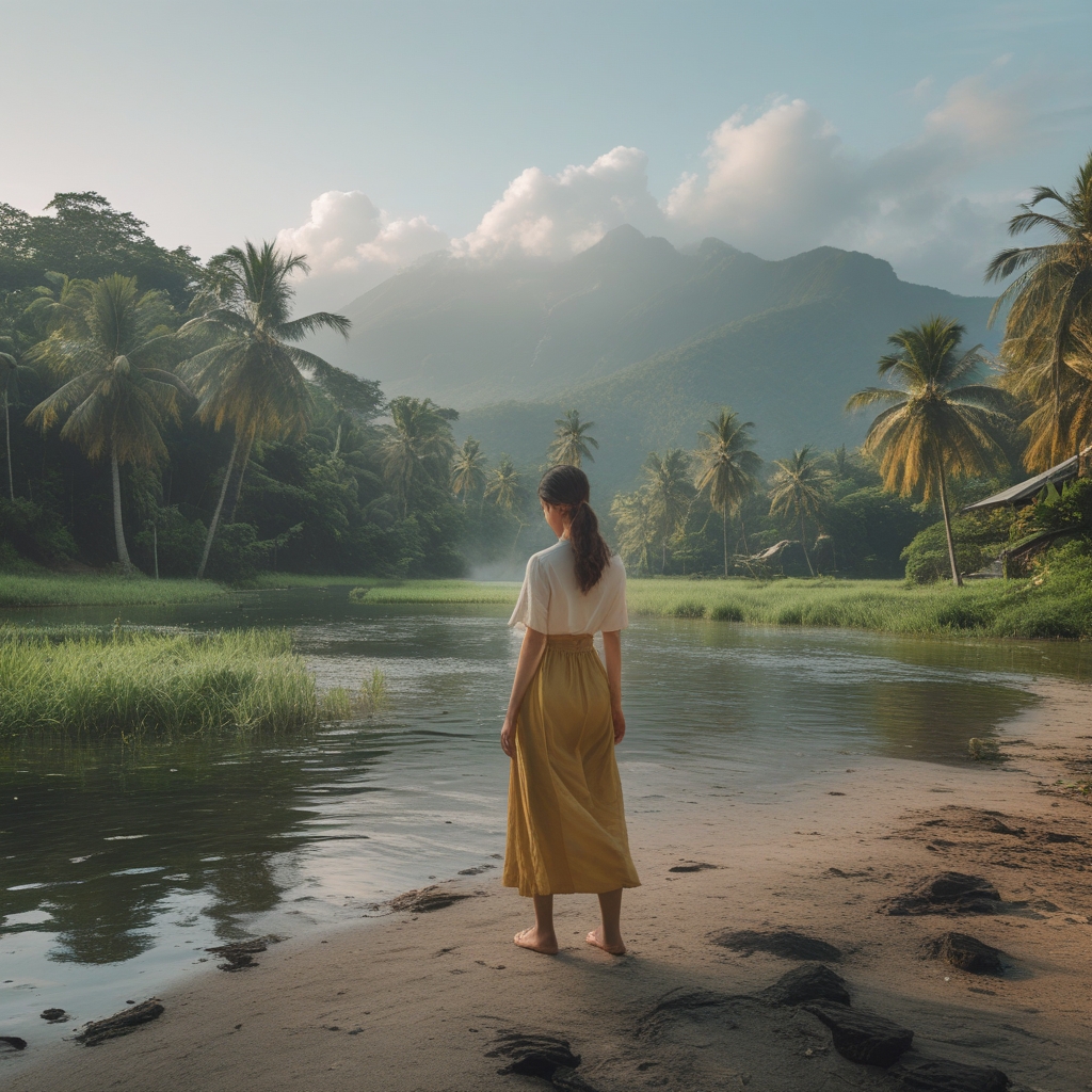 Pemandangan alam Indonesia yang hijau subur dengan cahaya matahari pagi menembus pepohonan tropis tinggi, suasana segar dan menenangkan yang mencerminkan kesejahteraan alami