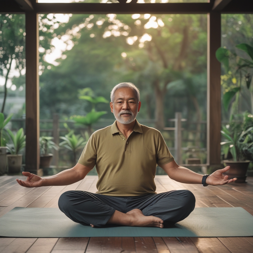 Pemandangan pria dewasa berusia sekitar 50 tahun sedang melakukan peregangan ringan yoga di teras rumah kayu dengan latar belakang kebun hijau subur pada pagi hari, mencerminkan keseimbangan hidup alami