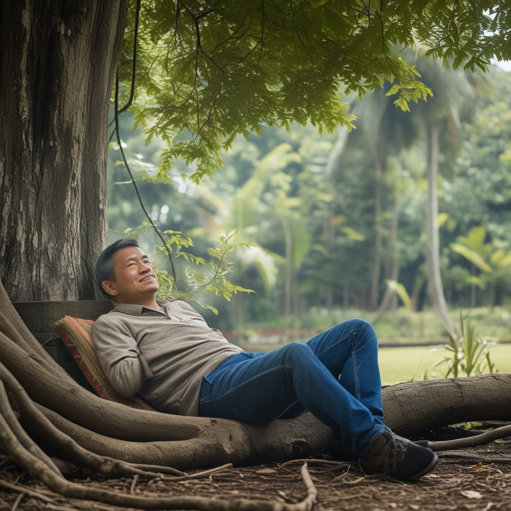 Pria dewasa berumur sekitar 45 tahun sedang duduk tenang di bangku taman kayu di bawah pohon besar dengan daun hijau, memandang ke depan dengan ekspresi damai dan rileks, suasana taman kota yang hijau